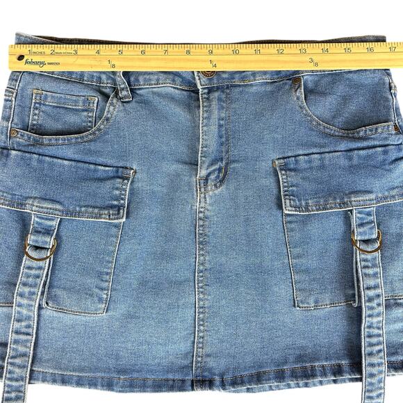 Telepatia Denim Skirt Women Size 16 Light Blue Wash Utilitarian Pockets Y2K Mini - Picture 6 of 10